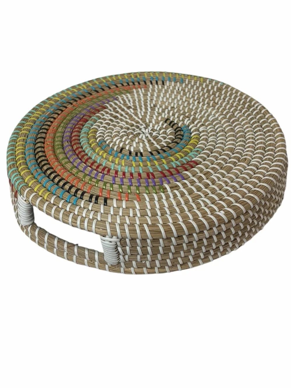 Handwoven Round Wicker Basket Tray Handles | Boho Decorative Basket
